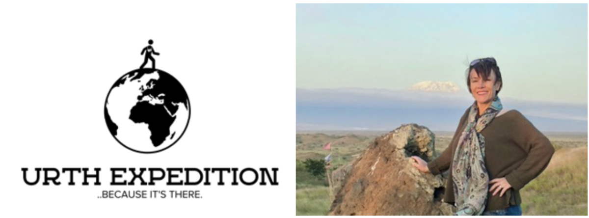 Gabriele Brown on top of a mountain and the Urth Expedition logo