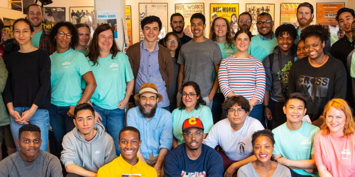 Reel Works students and Viacom volunteers, including Patricia Henry at center, during the May 15 event. Photo credit: Ryan Rivard.
