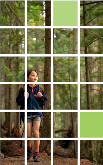 24 block grid creates a photo of a child hiking through a forest