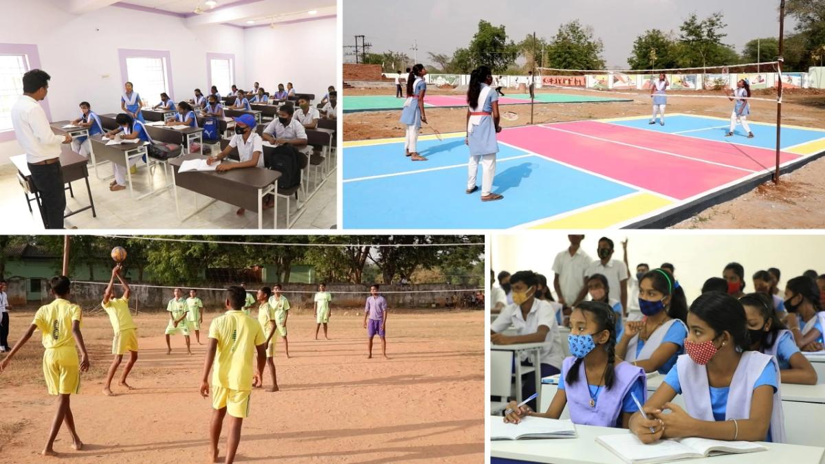 ©IOC collage of four photos of children in a school room and outside playing badmitton and volleyball