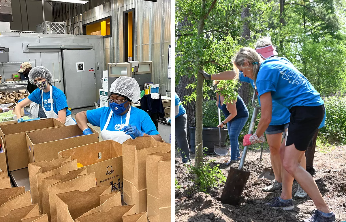 Left: HP employees pack meals for people living with life-challenging illnesses at Food & Friends in Washington, DC. Right: HP employees in the Houston area planting trees at Mercer Botanic Gardens.