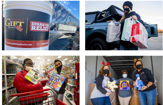 Collage of four photos: A bucket labeled 'disaster relief', a person unloading bags from a truck, two people in a store holding board games, and three people holding toys in the back of a trailer.