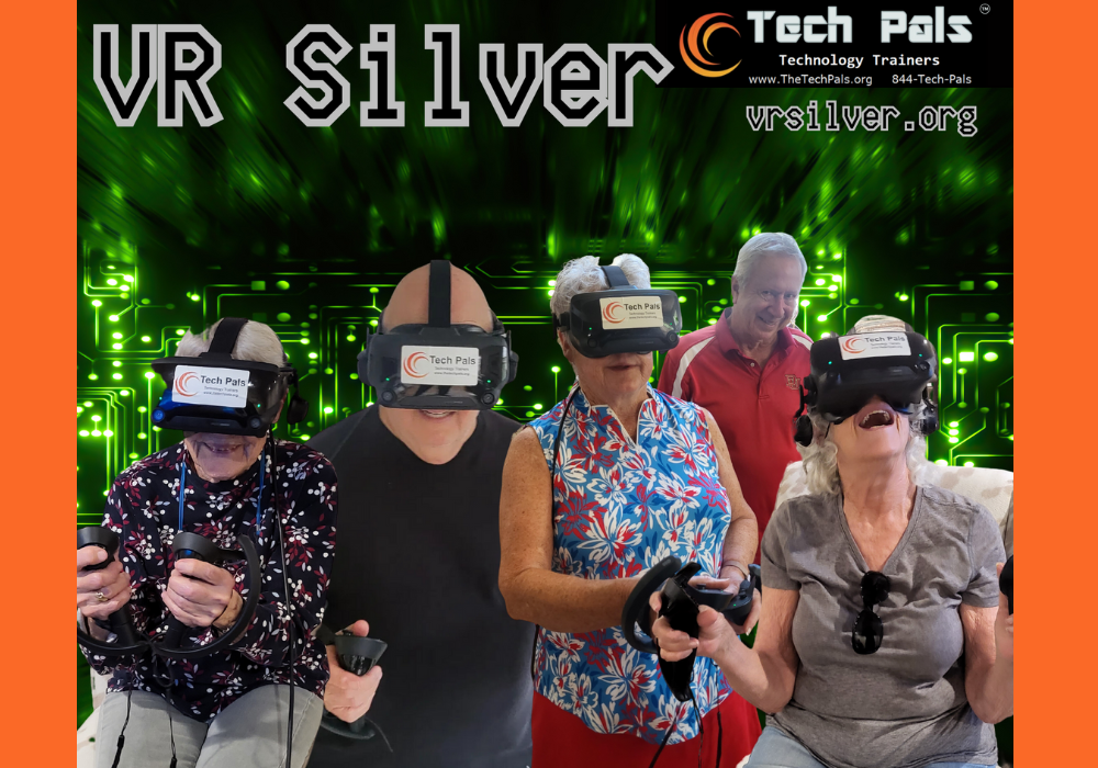 VR Silver Tech Pals vrsilver.org and five people using VR headsets and controllers.