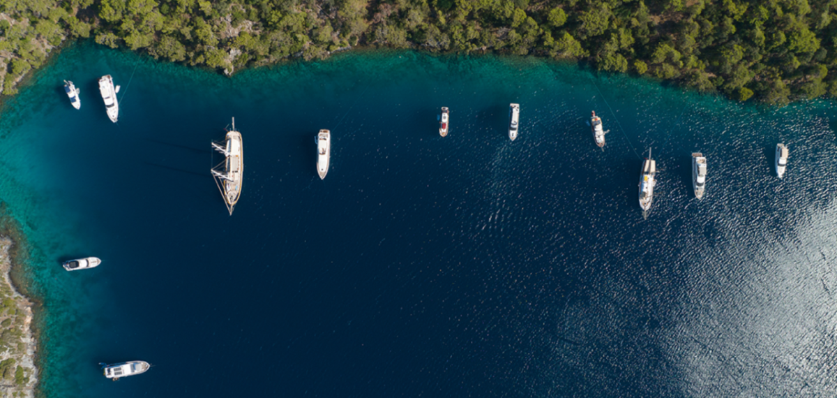 Bird's eye view of a bay with boats