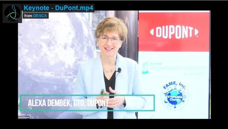 Screenshot of Alexa Dembek in a virtual presentation. DuPont logo on the right side 