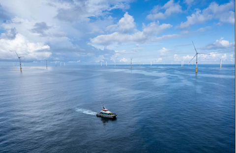 Boat in the ocean surrounded by wind turbines