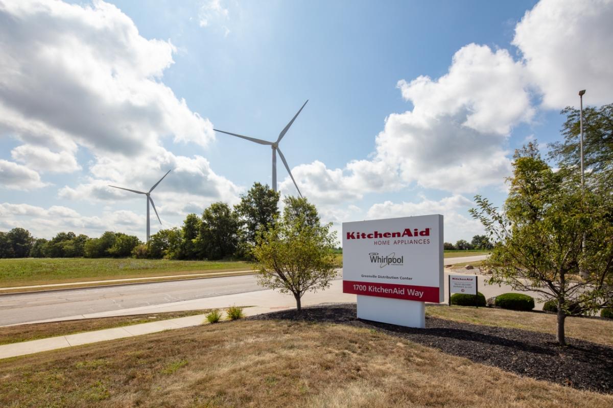 Wind turbines at Whirlpool Corporation's Greenville, Ohio plant, where KitchenAid stand mixers are made. There are also wind farms at the company's Findlay, Marion, and Ottawa, Ohio plants.
