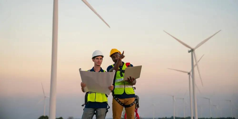 two people standing near windmills