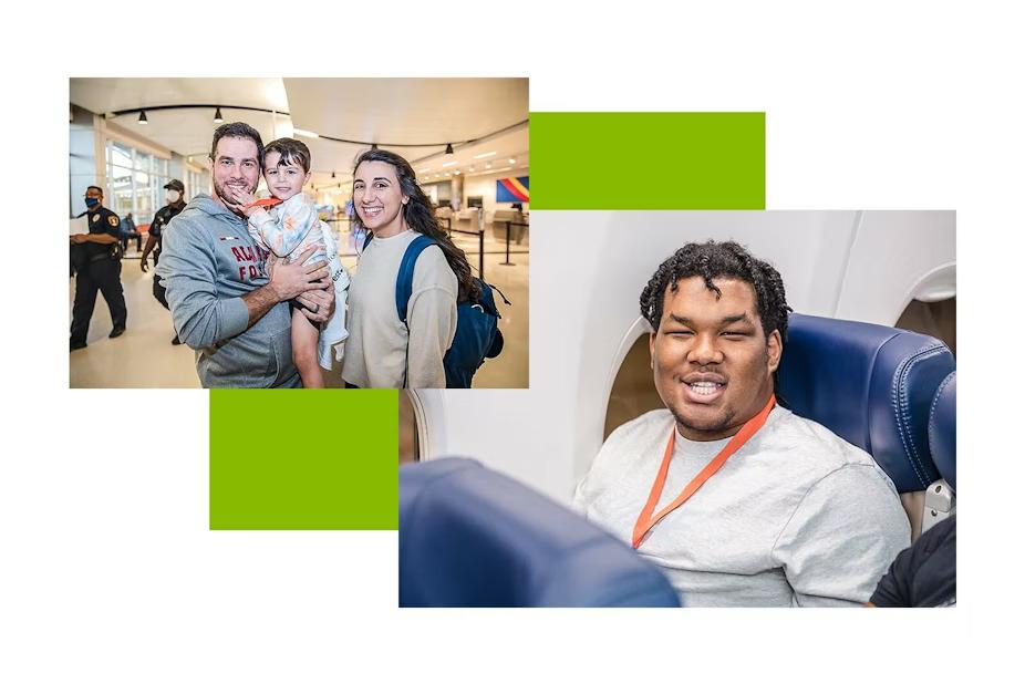 Collage of two photos: Two adults, one holding a child, in an airport, and a person sitting in an airplane seat.