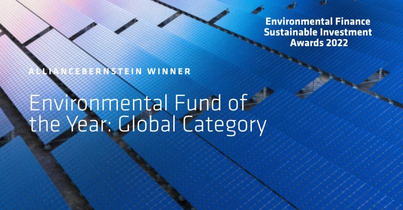 background of rows of solar panels. "alliancebernstein winner environmental fund of the year: global category"