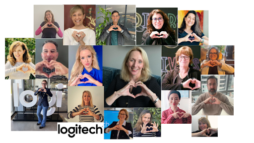 Collage of individuals making hearts with their hands. Logitech logo at the bottom.