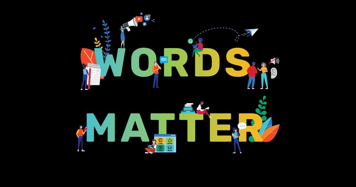 "Words Matter" in colorful letters and symbols on a black background.