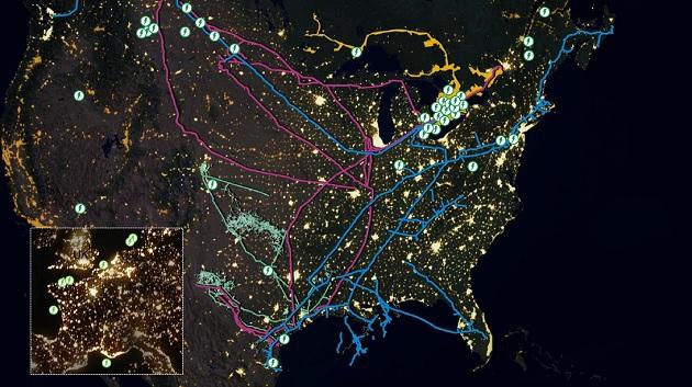 A dark map of the U.S. spots of lights connected by drawn lines of different colors.