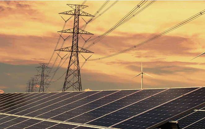 A long row of solar panels under large power lines