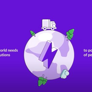 An illustration of the earth turns while a truck drives on it. The words say "We believe the world needs better energy solutions to power the movement of people and things."