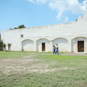 2 people walking outside a church