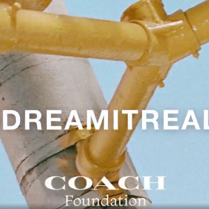 "#DREMITREAL Coach Foundation" gold painted pipes on a light blue background behind the words.
