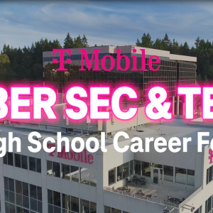 Aerial view of a TMobile corporate building. "TMobile Cyber Sec & Tec High School Career Fest"
