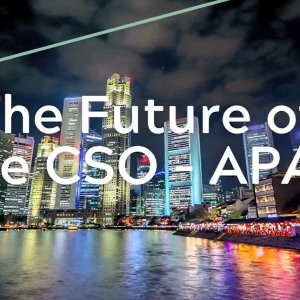 A night-time city skyline with river in front. "The Future of the CSO-APAC Episode 3"
