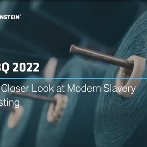 AllianceBernstein logo in top left, Rows of spools of thread as the background. "AB IQ 3Q 2022. Taking a closer look at modern slavery and investing."