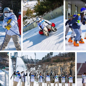 Collage of six photos of children and adults doing different winter sports.