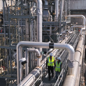 Two people wearing hard hats and high-vis vests walking on a long elevated pathway. Industrial piping and building behind them.