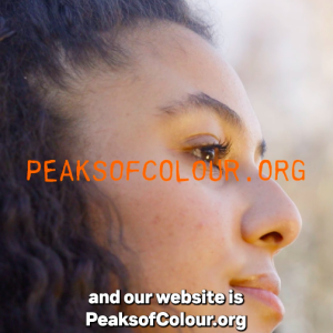 Headshot of Evie Muir with text overlaid that says peaksofcolour.org