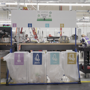 Recycling station with different bags to recycle plastic film wrap, plastic, cans and paper