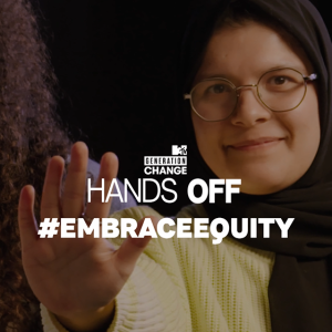 Mariam Khan with outstretched hand "Hands Off. EmbraceEquity."