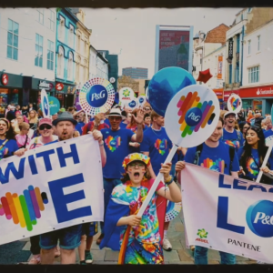 Pride parade with signs "Lead with Love" P&G