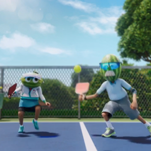 Two animated people playing pickleball. They have green melons for heads.