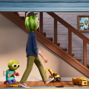 An animated adult about to step on a toy a child is playing with. Both have melons for heads.