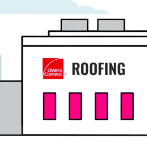 Illustration of an industrial building with the Owens Corning logo on it with the word, "roofing" next to it