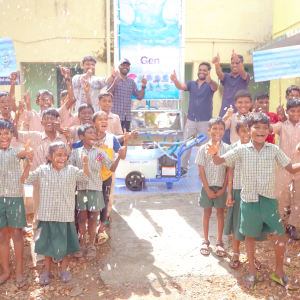 Kids celebrating in front of an AquaTower