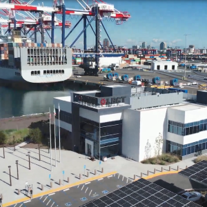 Long Beach Port headquarters and barge.