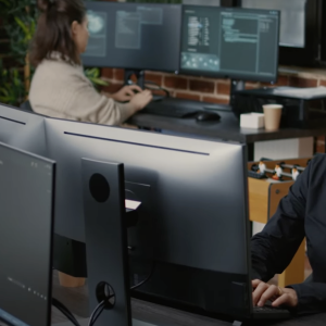 workers at desktop computers