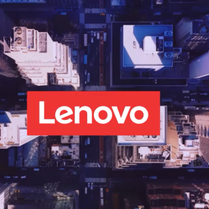 Lenovo logo on top-down view of a city
