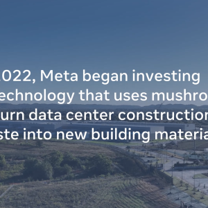 Background of an aerial view of a new data center. "In 2022, Meta began investing in technology that uses mushrooms to turn data center construction waster into new building materials."