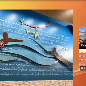 On the left an image of an art installation. On the right Bill and Katrina in a virtual meeting.