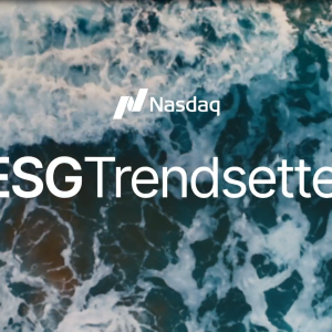 Nasdaq logo and "#ESG Trendsetters" over a background of crashing waves on a beach.
