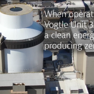 Aerial view of Vogtle 3 power station "When operating Vogtle Unit 3 will be a clean energy source producing zero emissions."