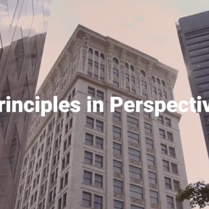 "Principles in Perspective" on top of tall buildings tight together.