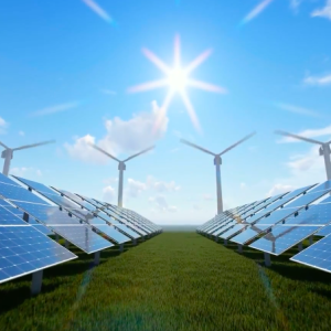 field with solar panels and windmills 