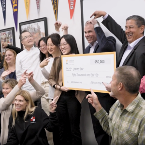 Palos Verdes High School Senior Janna Lee is suprised with a $50,000 scholarship by Southern California Edison President and CEO Steven Powell.