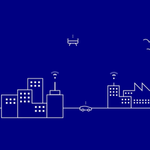 White line graphic on bluebackground of a city, with connection towers on buildings, cars, and drones.
