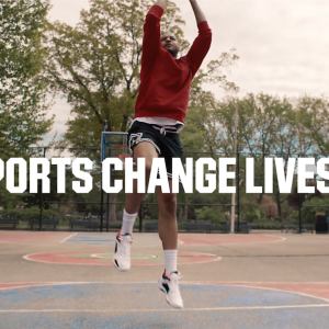 Sports Change Lives; Carmelo Anthony shooting a basketball.