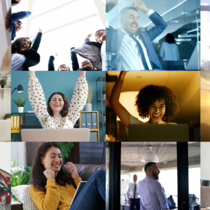 Collage of people in different spaces celebrating.