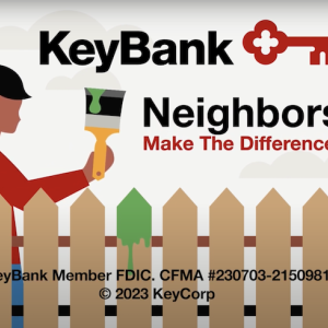 KeyBank: Neighbors Make the difference. Illustration of a woman holding a paintbrush.