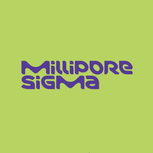 MilliporeSigma Logo is in purple over a bright green background