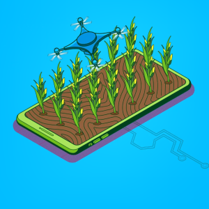A digital drawing of a drone over a crop growing from a phone.